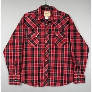 Vintage Wrangler Pearl Snap Shirt Mens XL Red Plaid Flannel Retro Cowboy Western